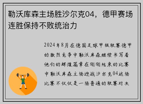 勒沃库森主场胜沙尔克04，德甲赛场连胜保持不败统治力